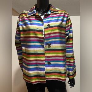 Chico’s 100% Silk Multi Color Striped Blouse Jacket Pockets Sz 1 M L runs big